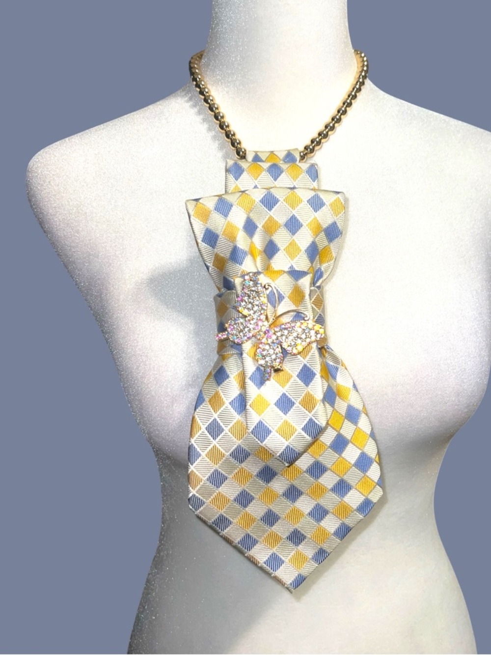 Elegant Yellow and Blue Check Statement Necklace Tie wi/Crystal butterfly Brooch